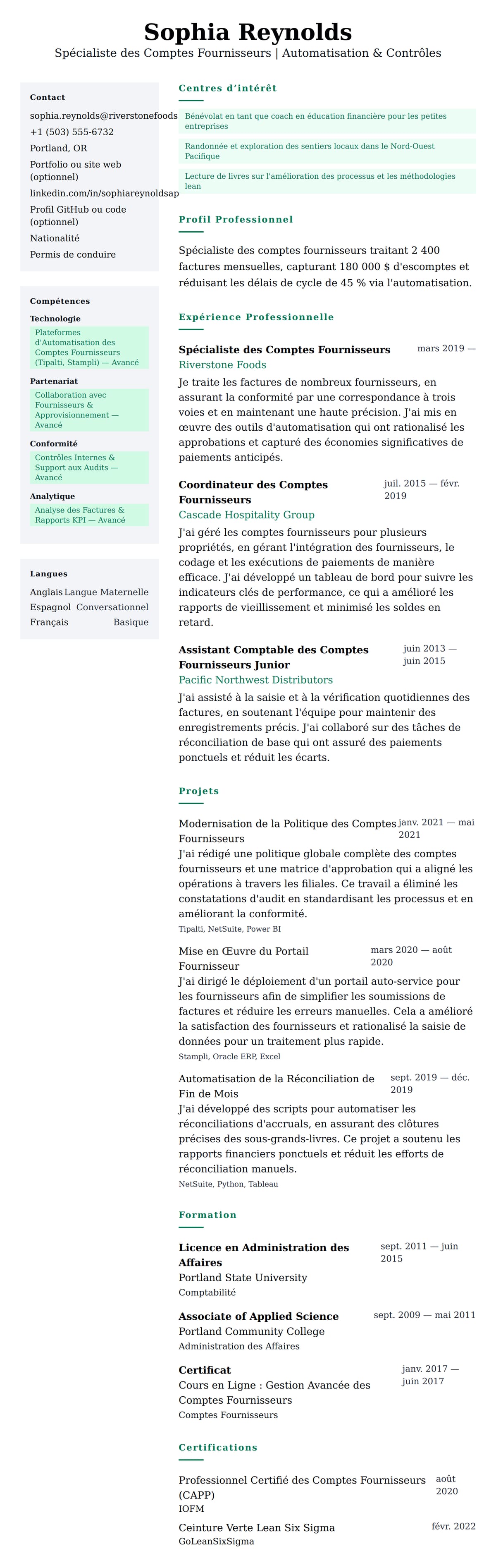 Aperçu du CV Exemple de CV de Spécialiste des Comptes Fournisseurs