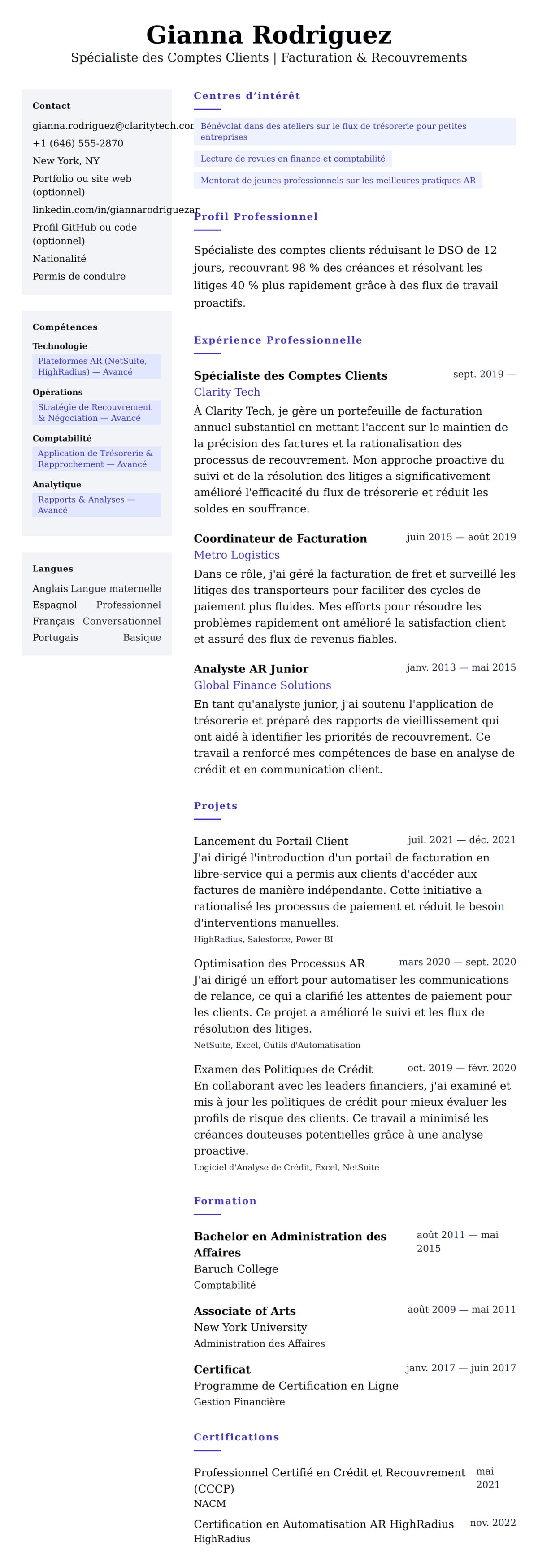 Aperçu du CV Exemple de CV de Spécialiste des Comptes Clients