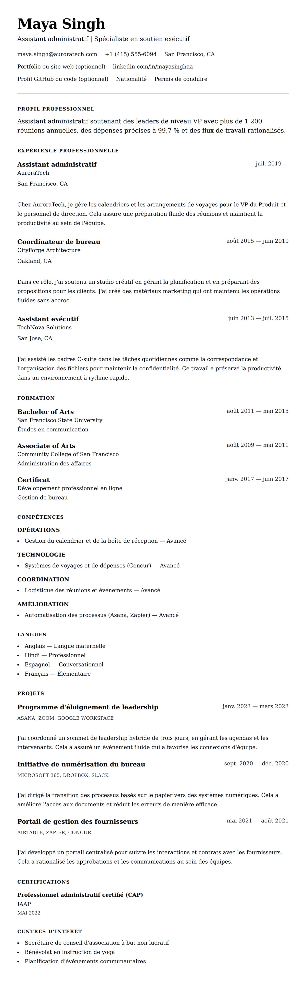 Aperçu du CV Exemple de CV d'Assistant administratif