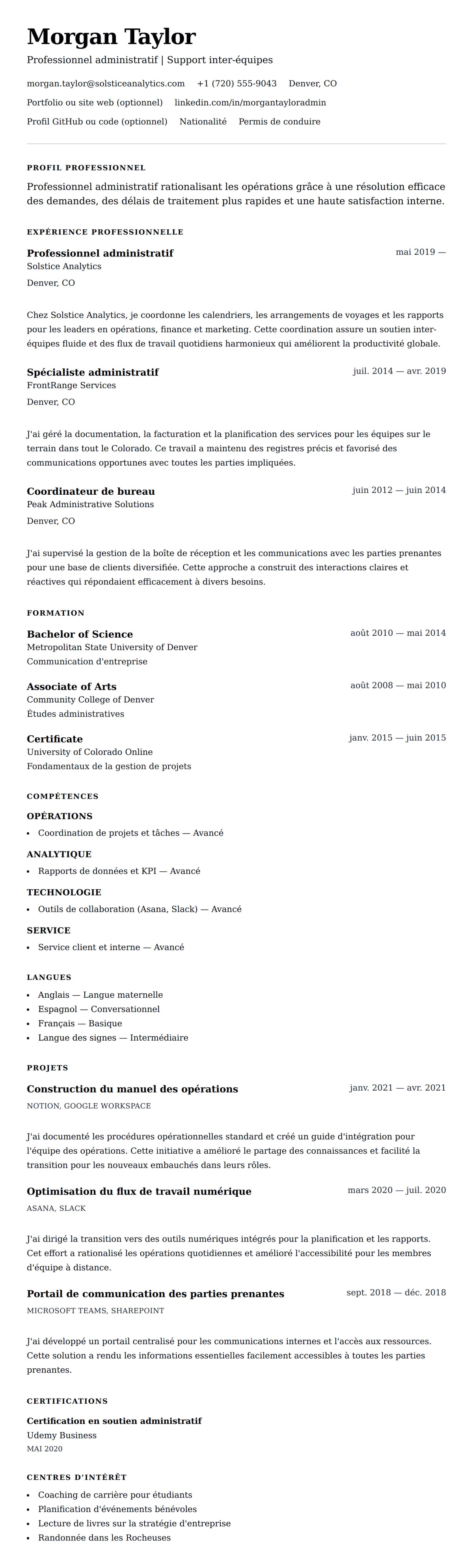 Aperçu du CV Exemple de CV de professionnel administratif