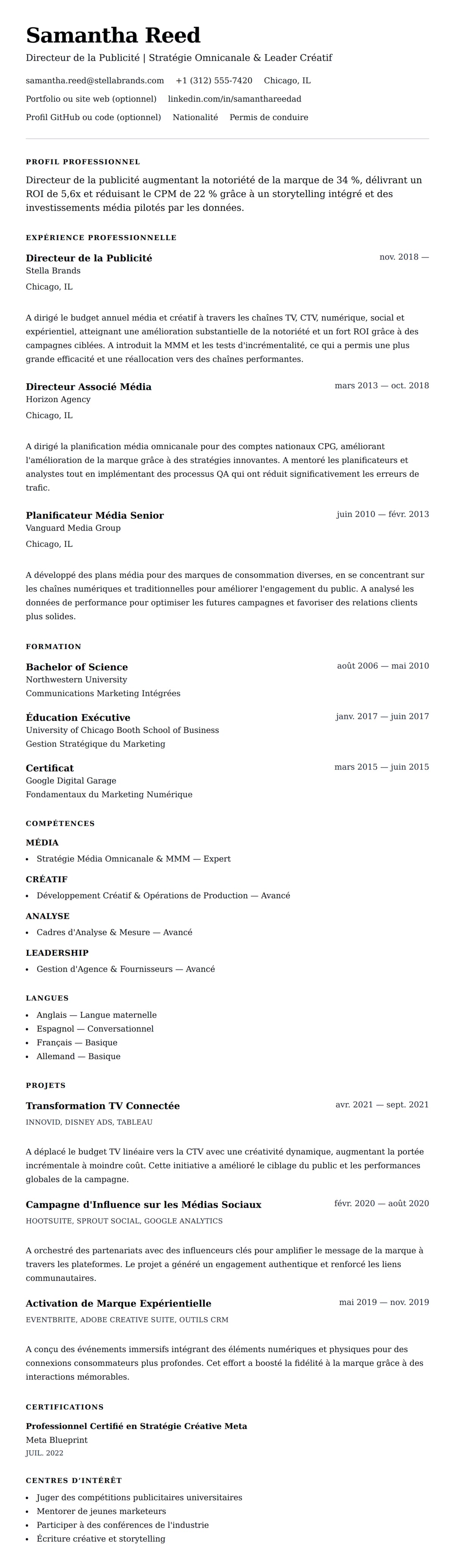 Aperçu du CV Exemple de CV de Directeur de la Publicité