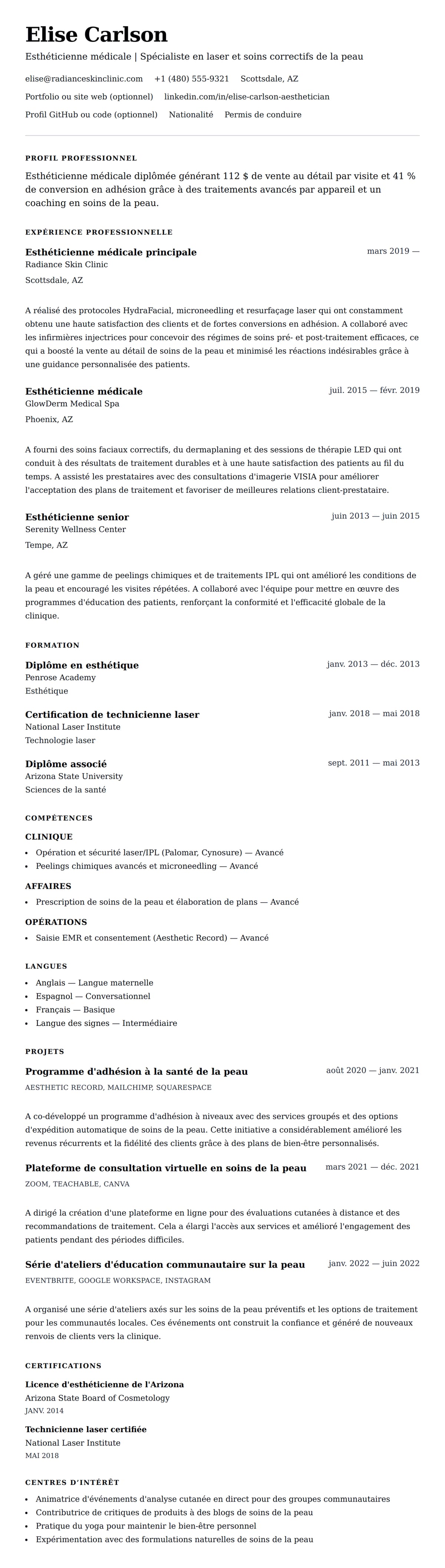 Aperçu du CV Exemple de CV d'Esthéticienne médicale