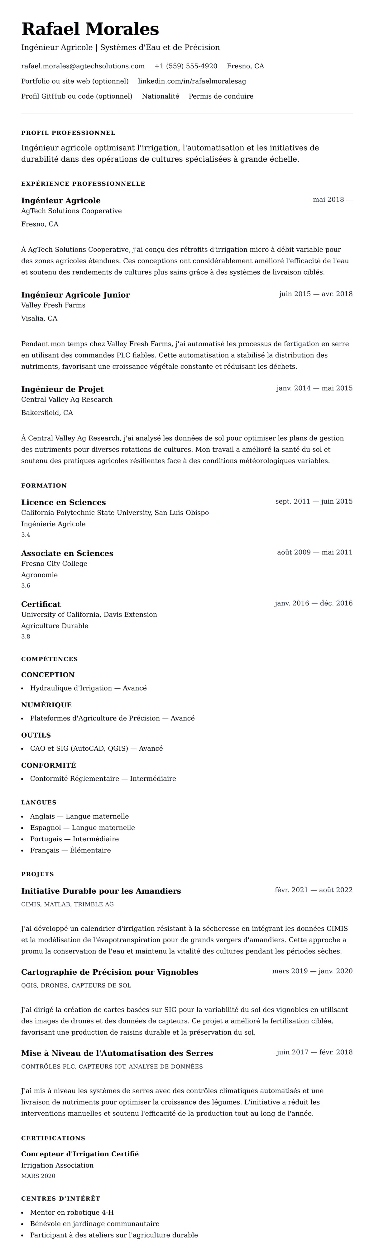 Aperçu du CV Exemple de CV d'Ingénieur Agricole