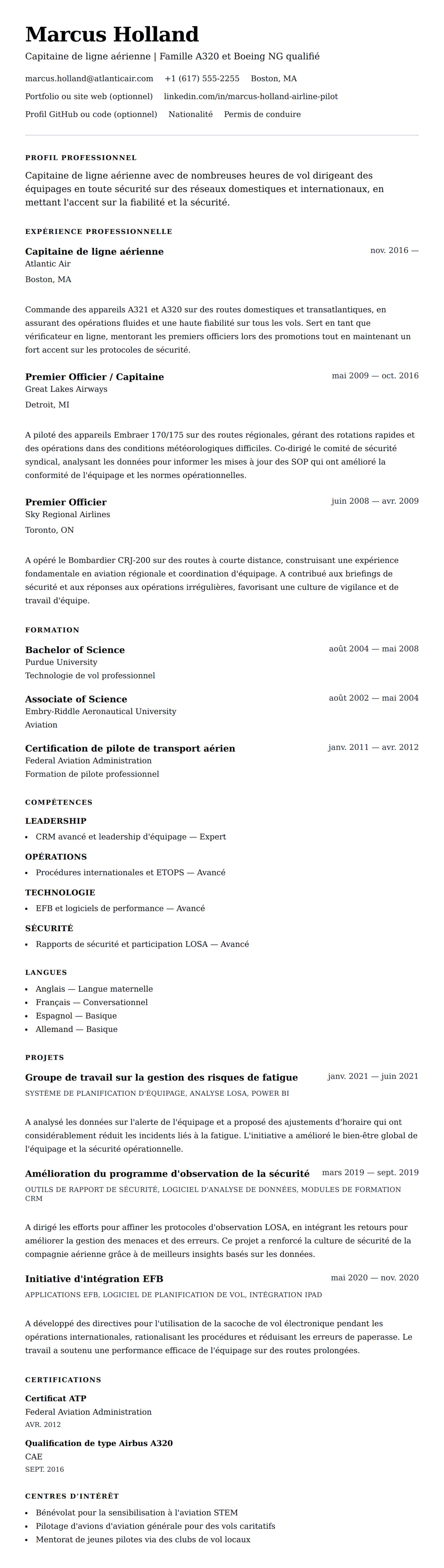 Aperçu du CV Exemple de CV de Pilote de ligne aérienne