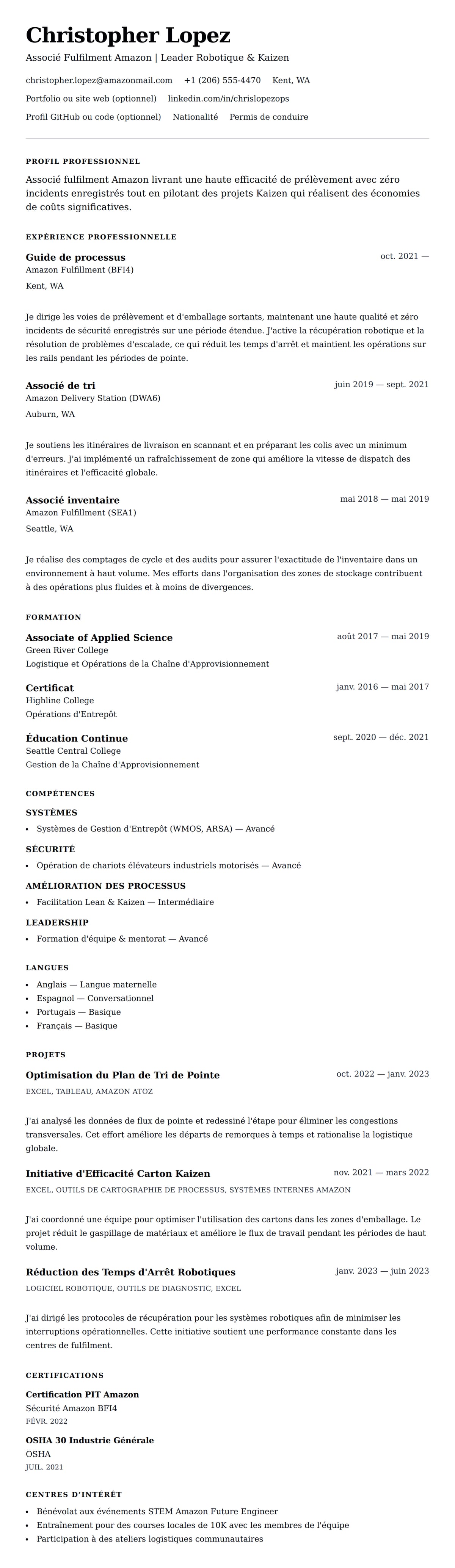 Aperçu du CV Exemple de CV d'Associé Amazon