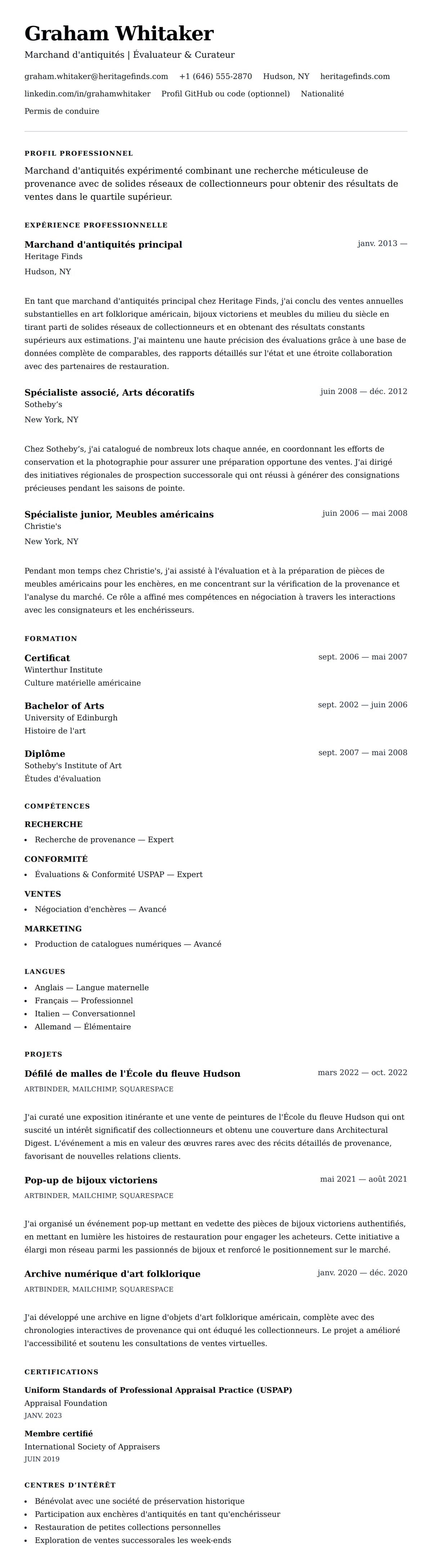 Aperçu du CV Exemple de CV pour Marchand d'Antiquités