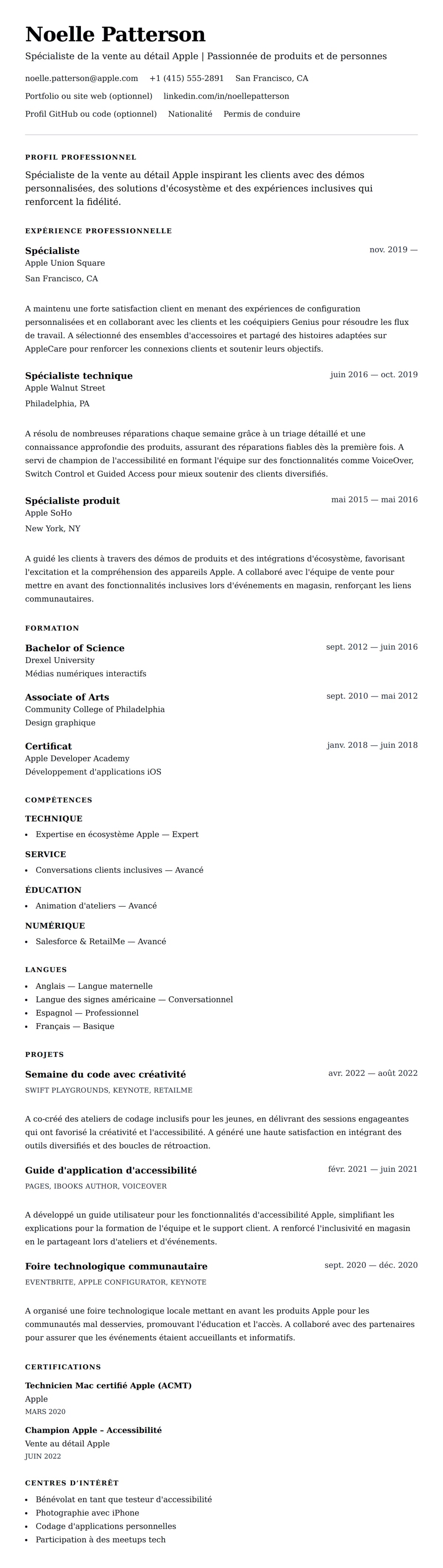 Aperçu du CV Exemple de CV de Spécialiste de la vente au détail Apple