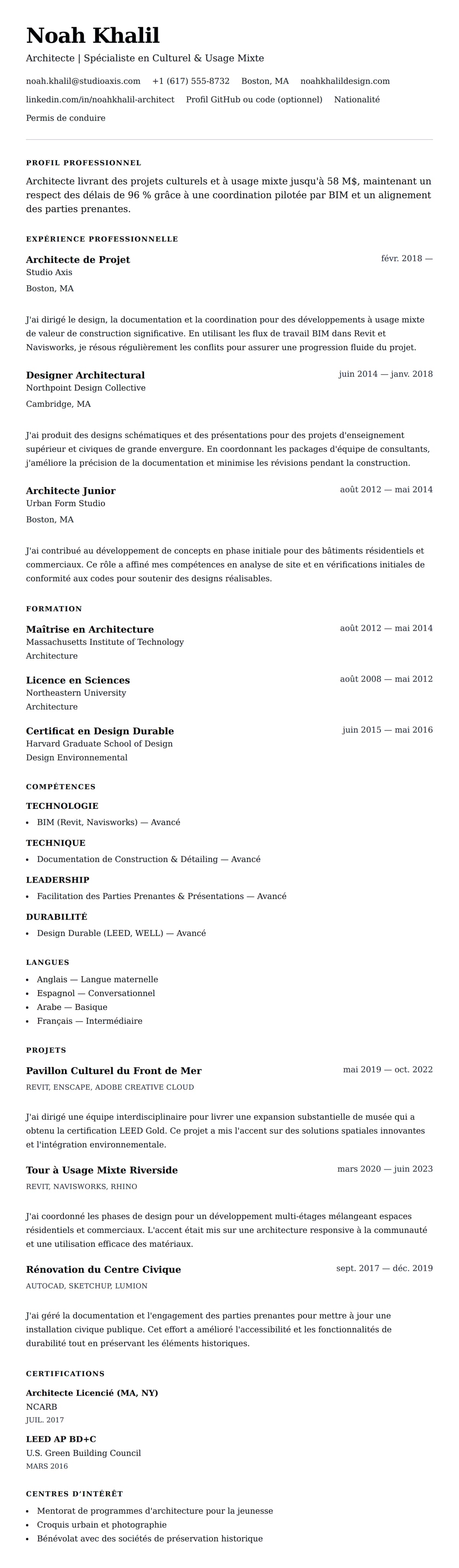 Aperçu du CV Exemple de CV d'Architecte