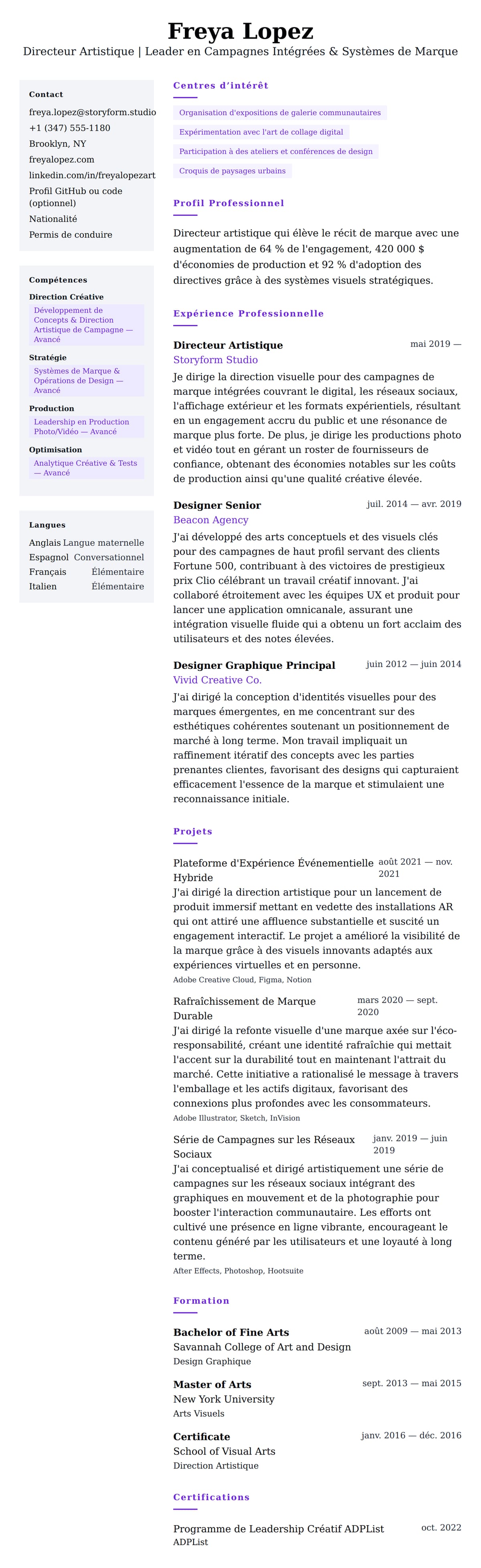 Aperçu du CV Exemple de CV de Directeur Artistique