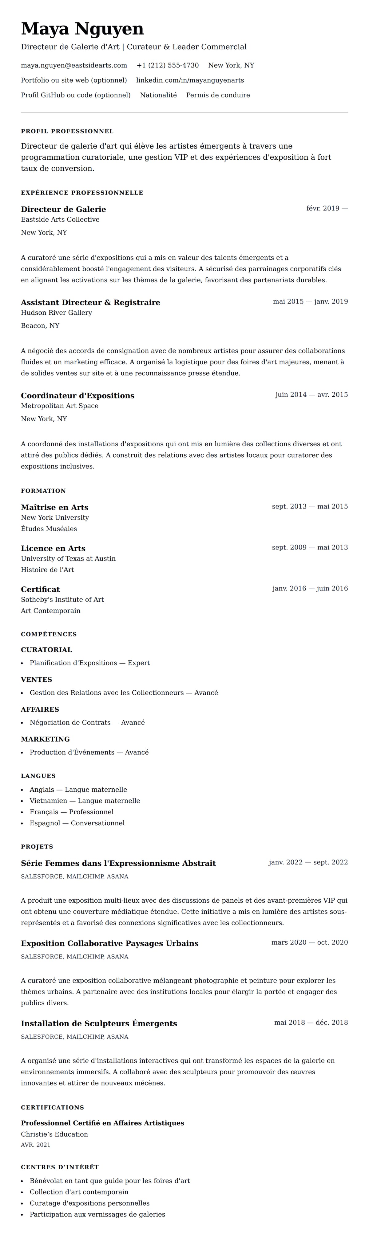 Aperçu du CV Exemple de CV de Directeur de Galerie d'Art