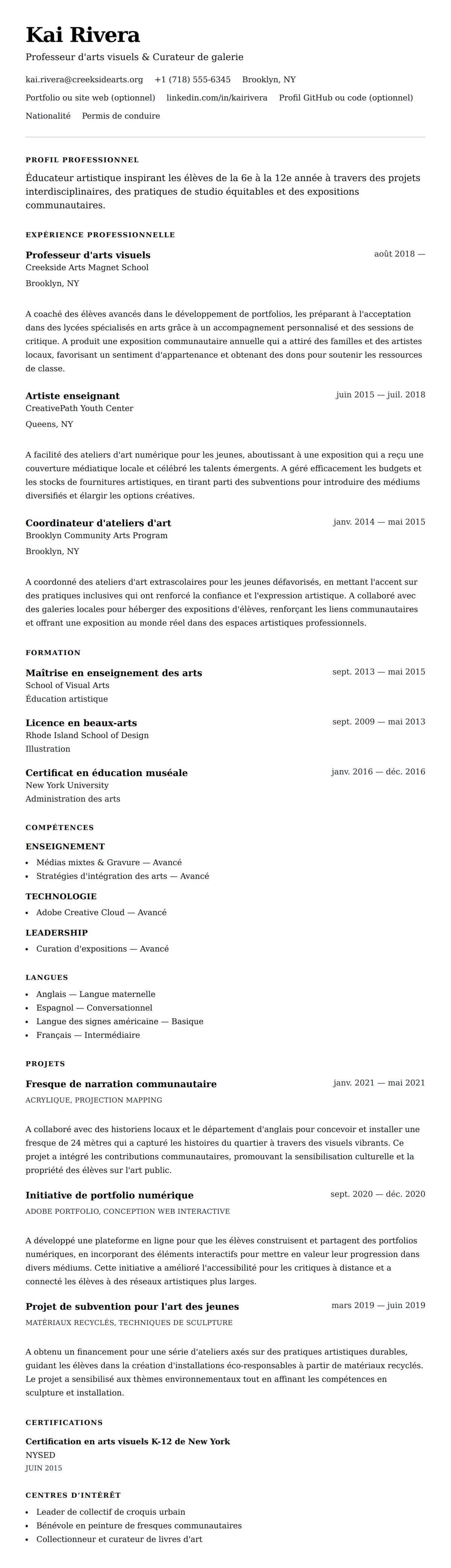 Aperçu du CV Exemple de CV de professeur d'art