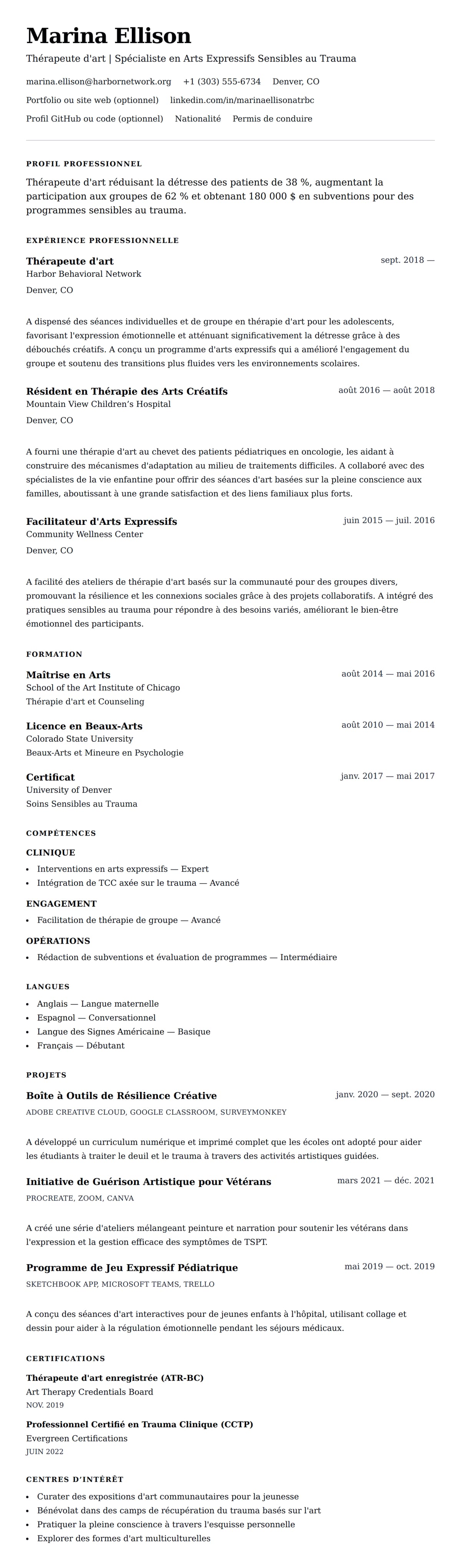 Aperçu du CV Exemple de CV de Thérapeute d'art