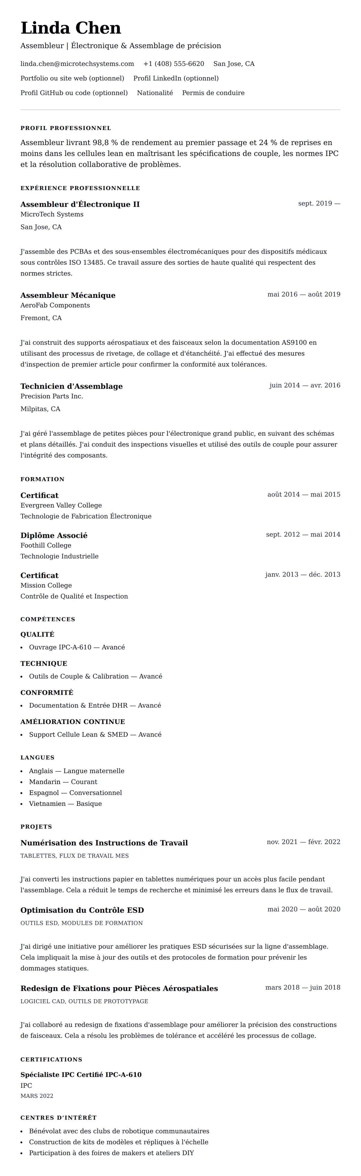 Aperçu du CV Exemple de CV d'Assembleur