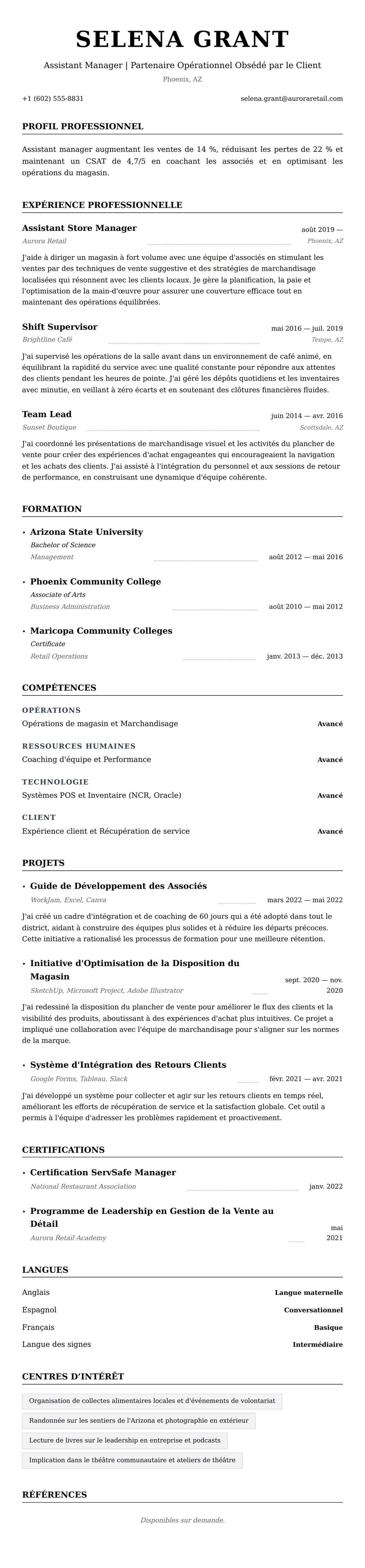 Aperçu du CV Exemple de CV d'Assistant Manager