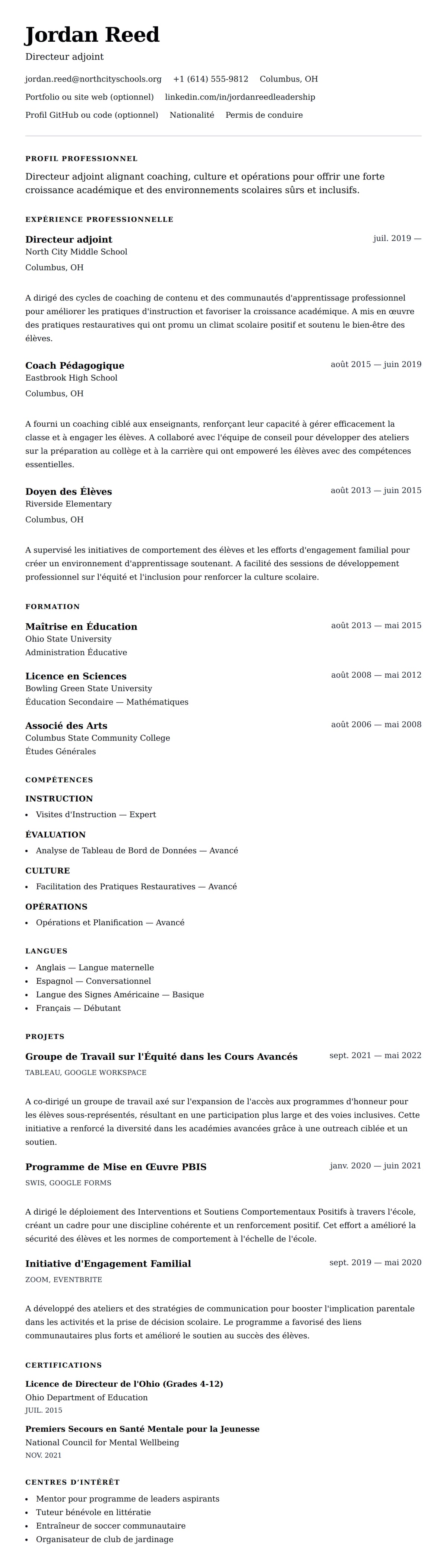 Aperçu du CV Exemple de CV de Directeur Adjoint