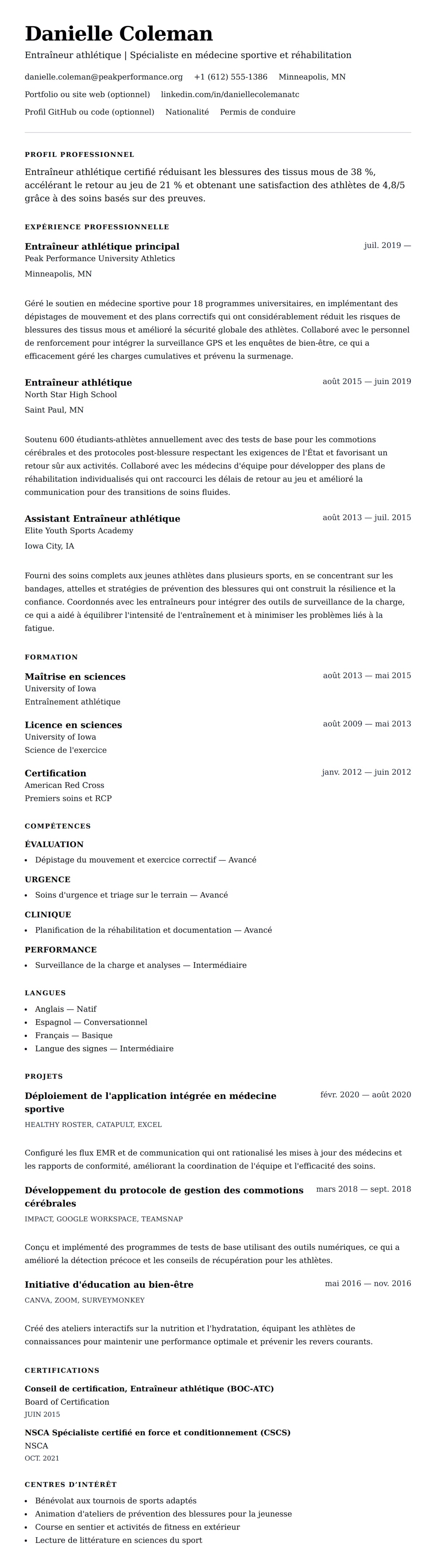 Aperçu du CV Exemple de CV d'Entraîneur athlétique
