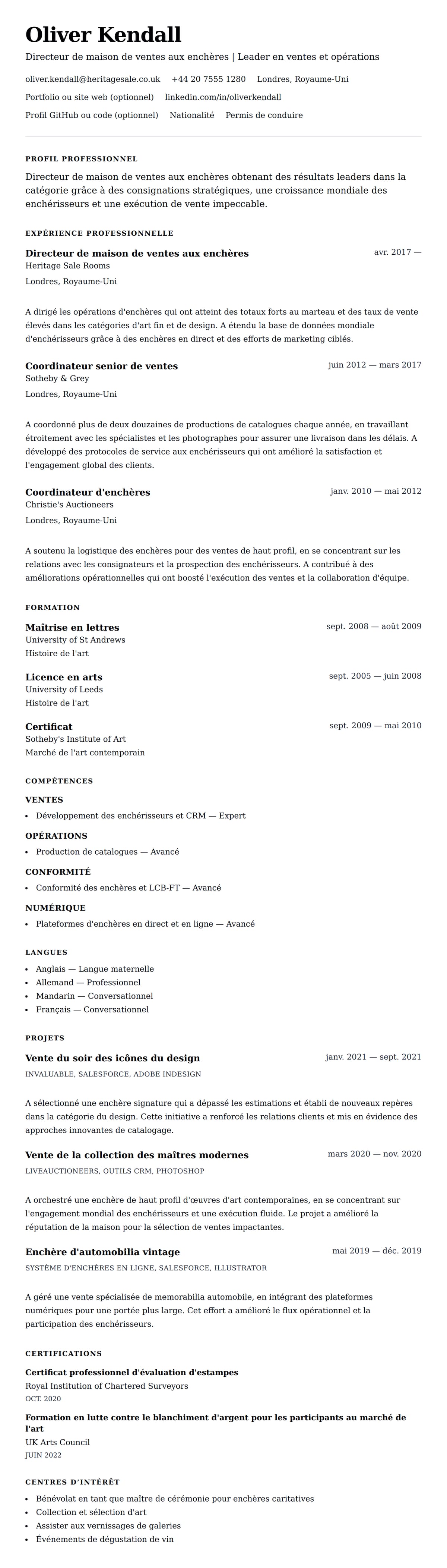 Aperçu du CV Exemple de CV de Directeur de maison de ventes aux enchères