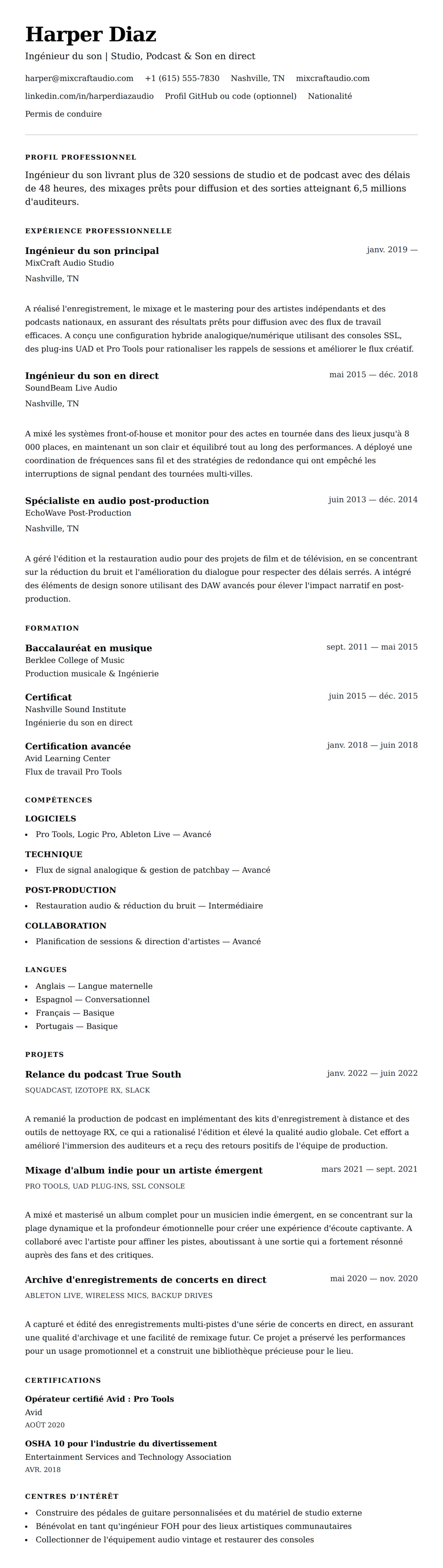 Aperçu du CV Exemple de CV d'Ingénieur du son