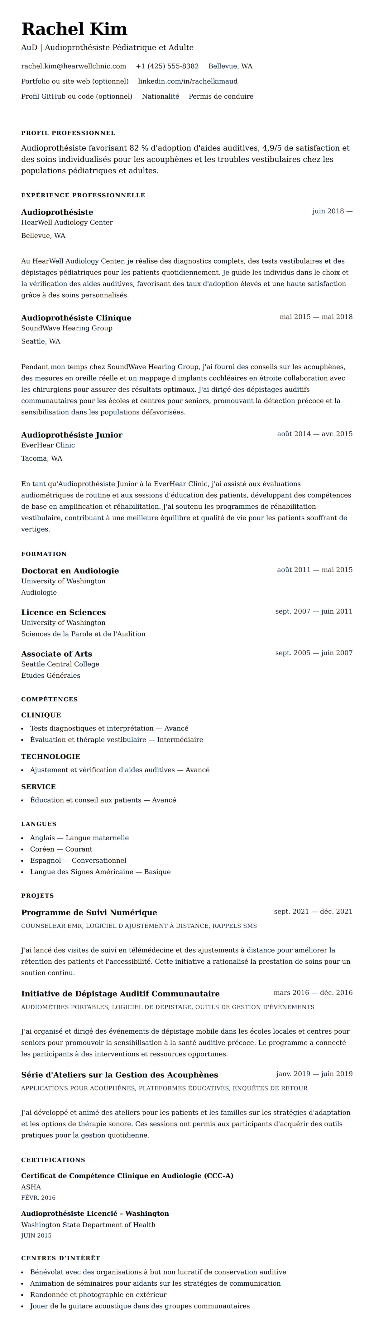 Aperçu du CV Exemple de CV d'Audioprothésiste