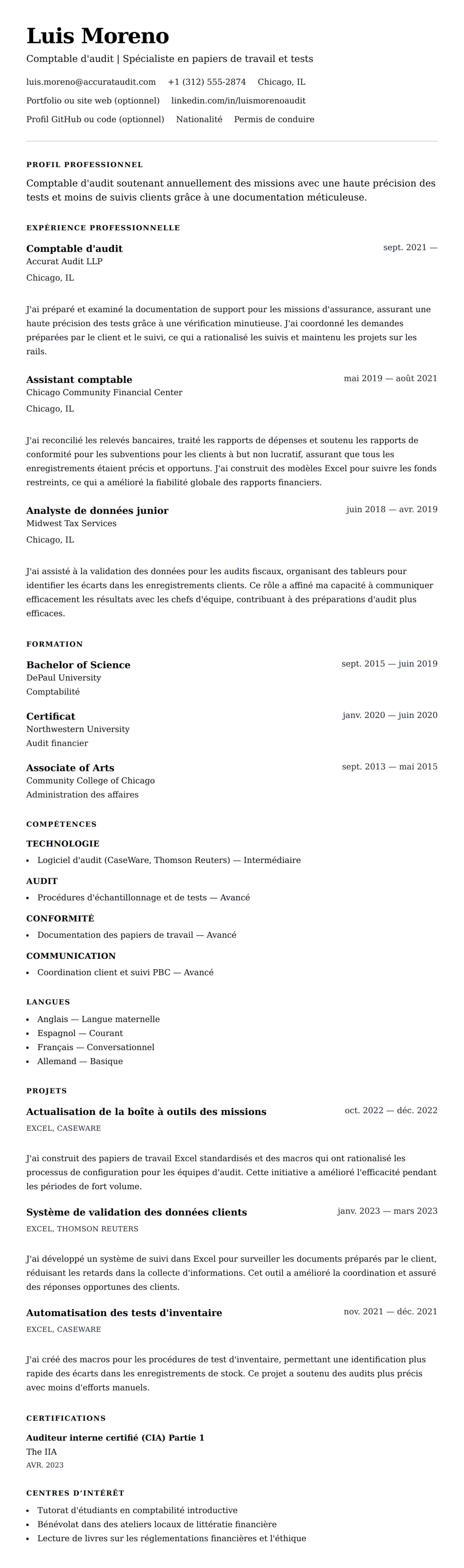 Aperçu du CV Exemple de CV de Comptable d'audit