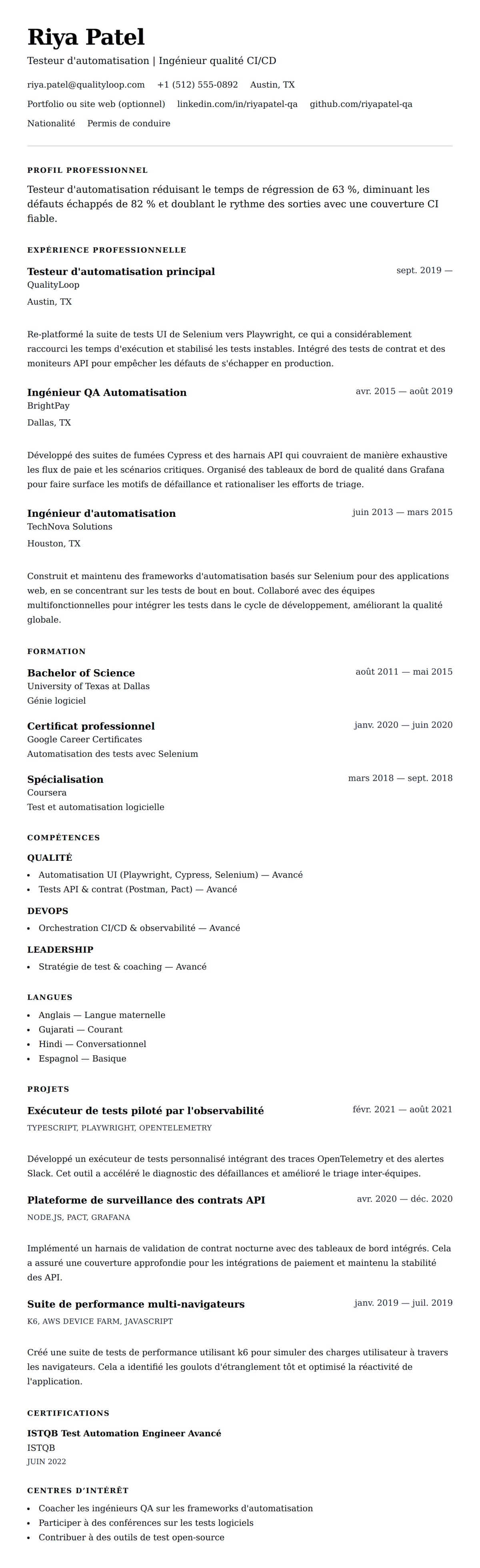 Aperçu du CV Exemple de CV de Testeur d'automatisation