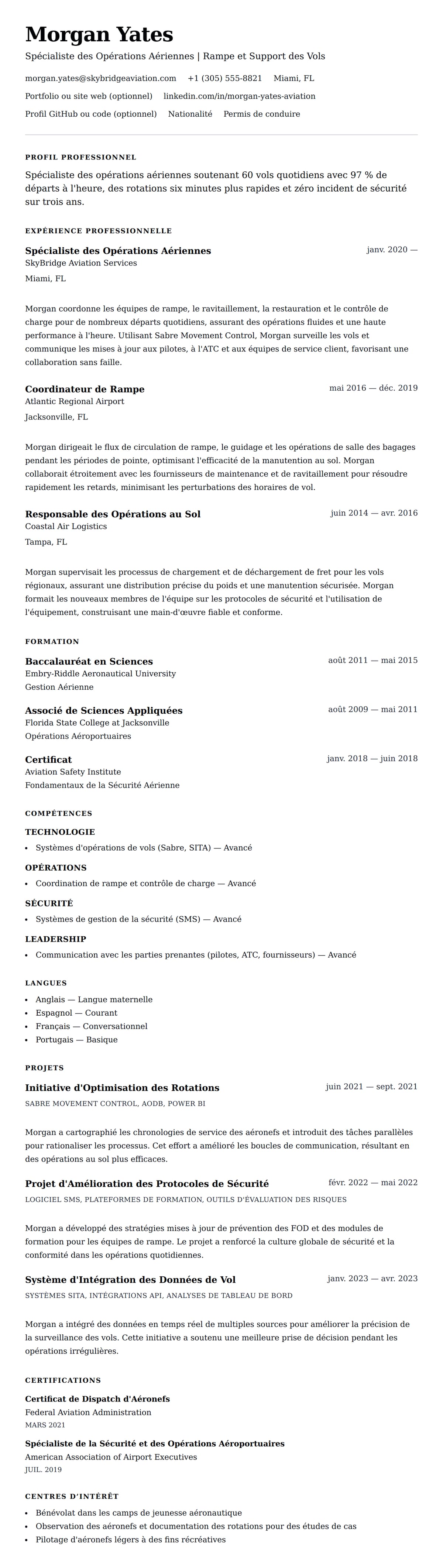 Aperçu du CV Exemple de CV de Spécialiste des Opérations Aériennes