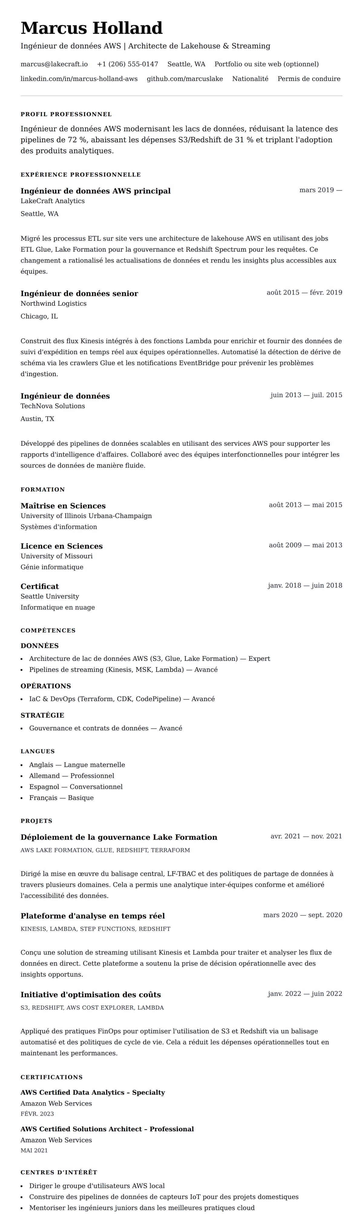 Aperçu du CV Exemple de CV d'Ingénieur de données AWS