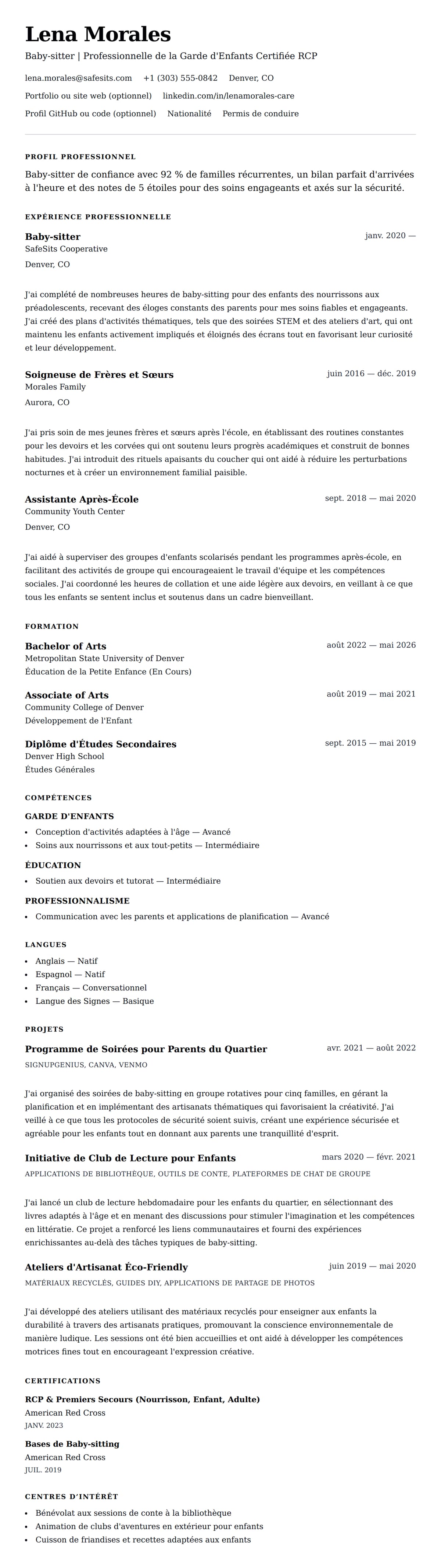 Aperçu du CV Exemple de CV de Baby-sitter