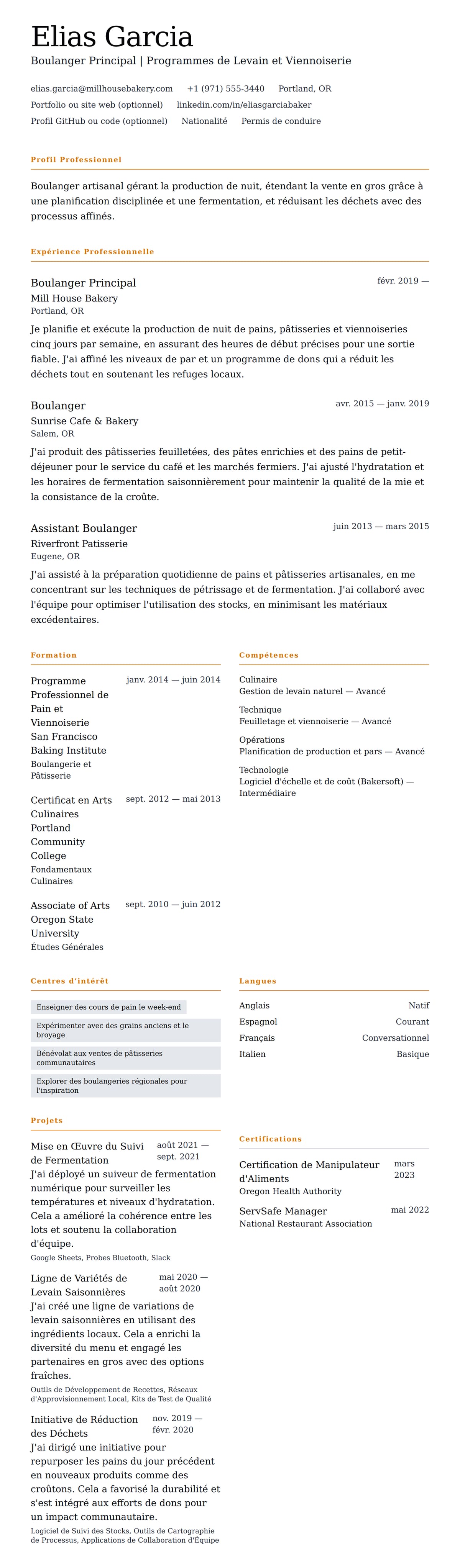 Aperçu du CV Exemple de CV de Boulanger