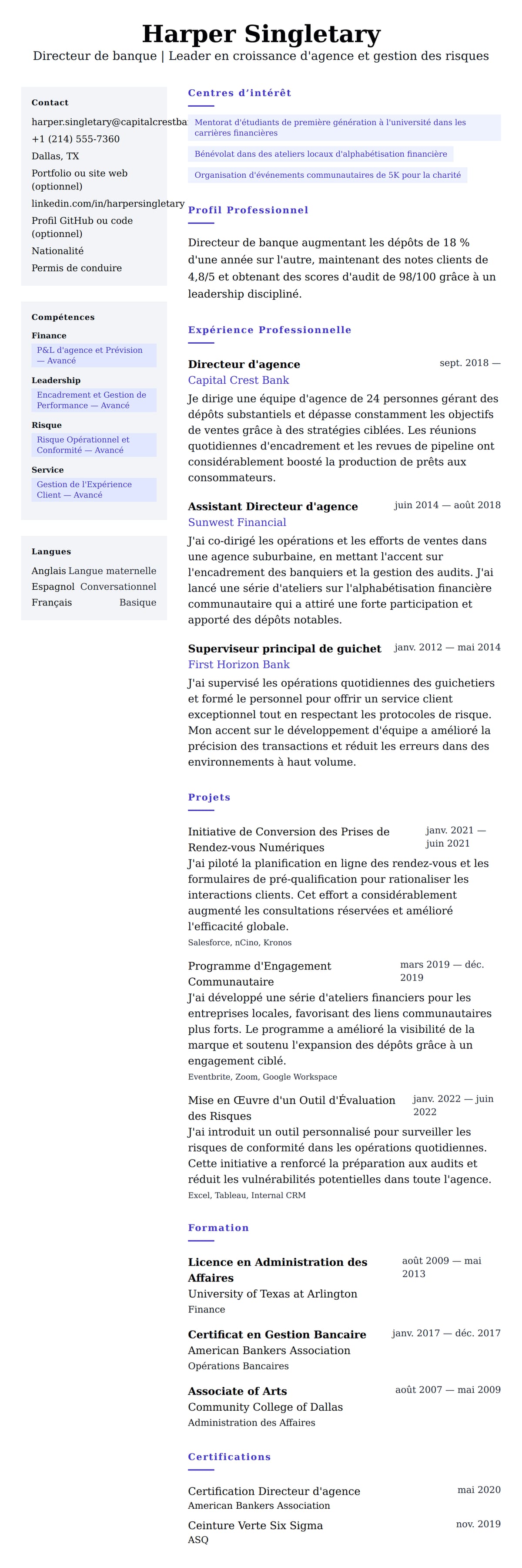 Aperçu du CV Exemple de CV de Directeur de banque