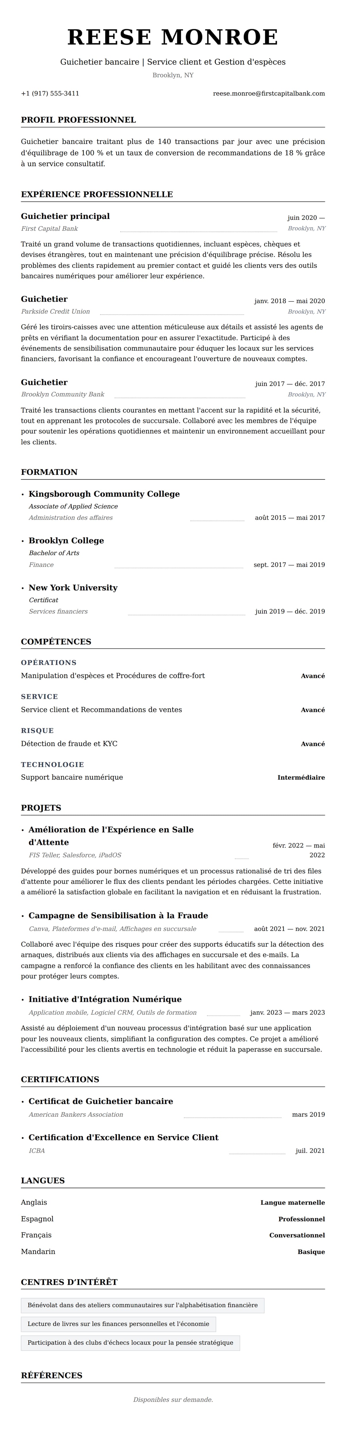 Aperçu du CV Exemple de CV de Guichetier bancaire