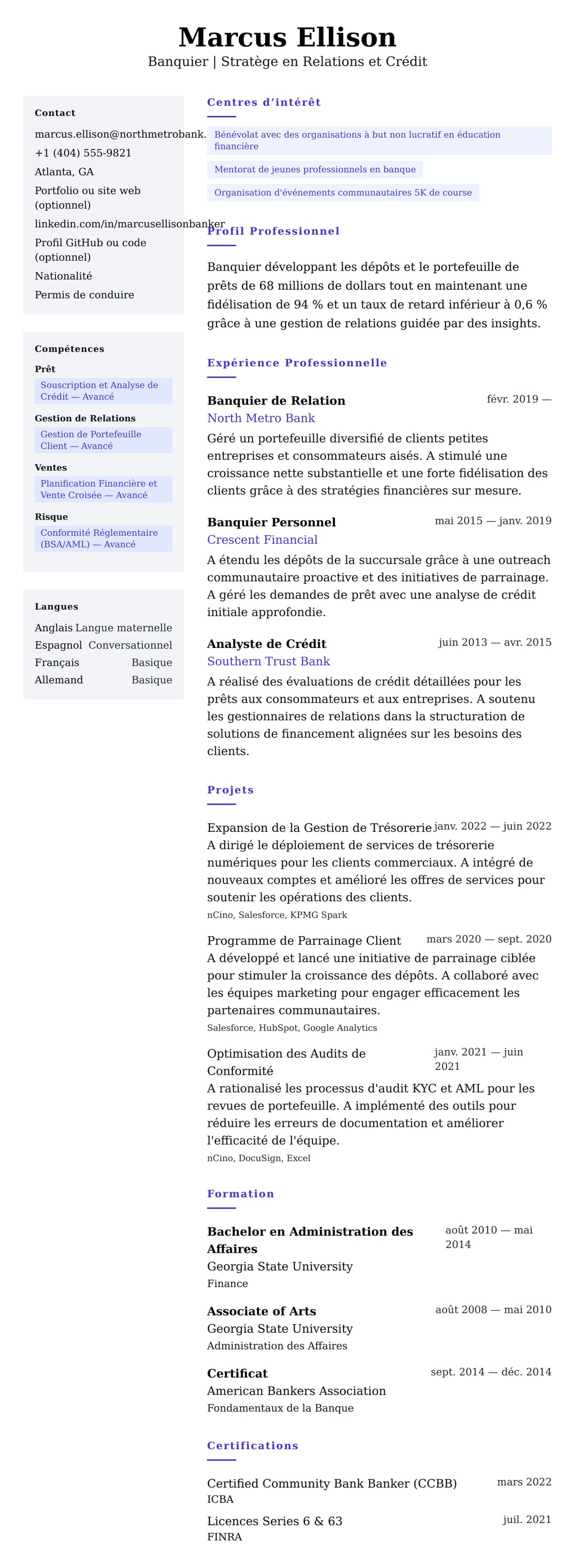 Aperçu du CV Exemple de CV de Banquier