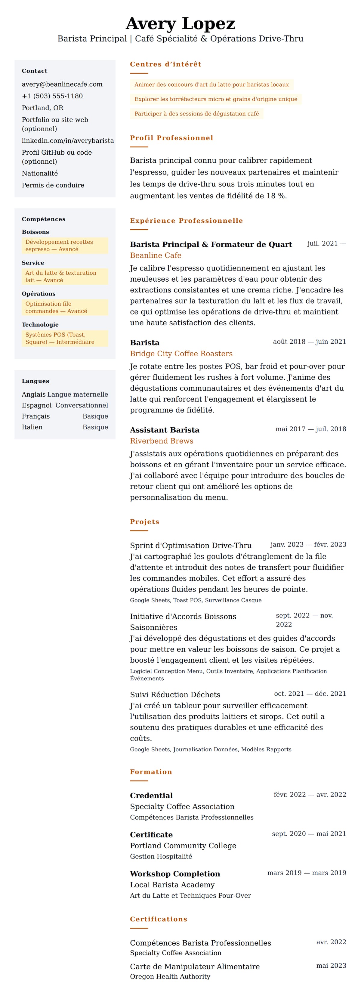 Aperçu du CV Exemple de CV de Barista