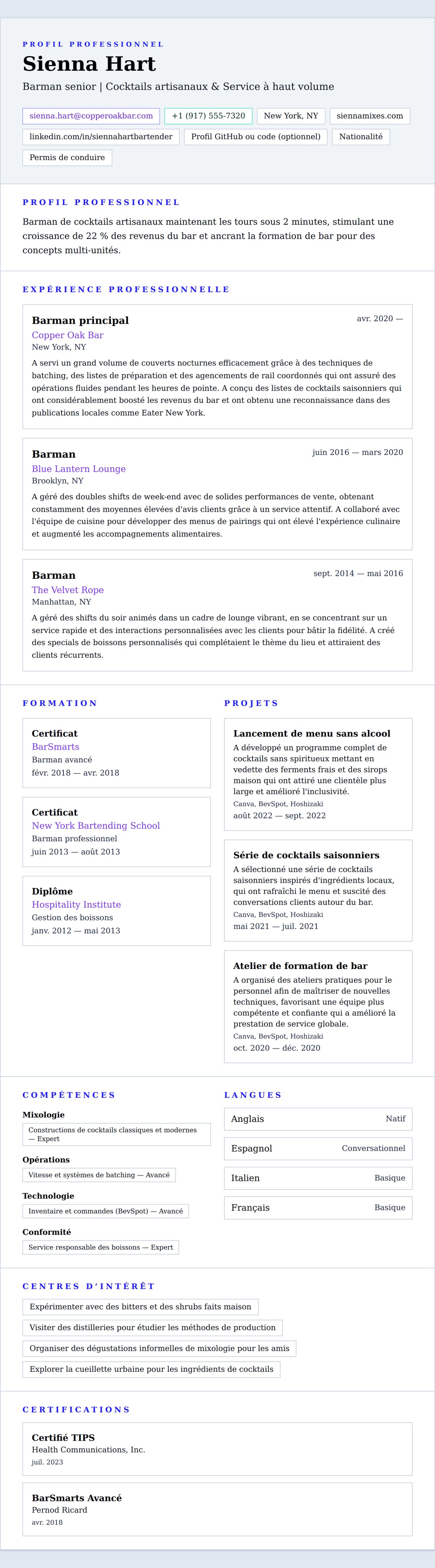 Aperçu du CV Exemple de CV de Barman