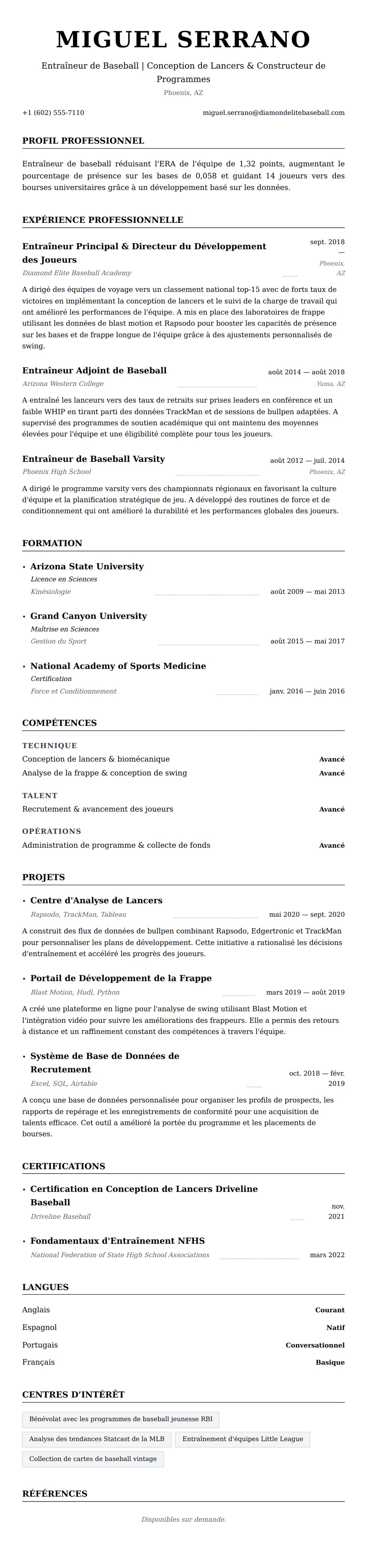 Aperçu du CV Exemple de CV d'Entraîneur de Baseball