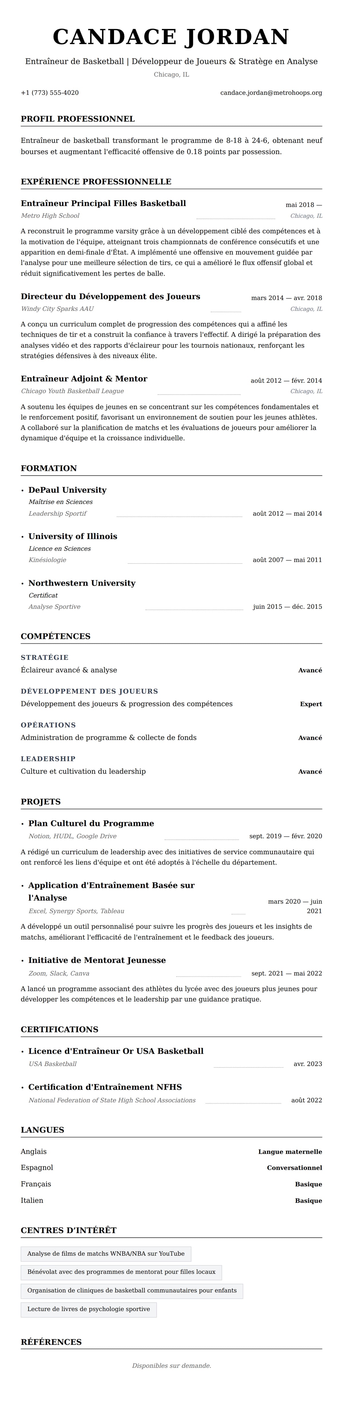 Aperçu du CV Exemple de CV d'Entraîneur de Basketball