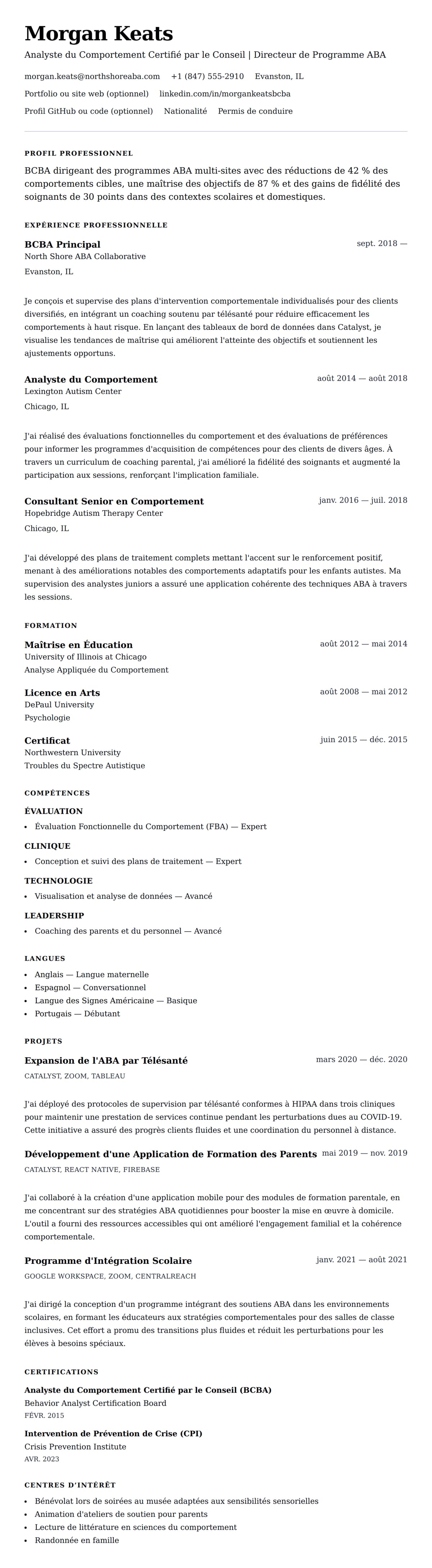 Aperçu du CV Exemple de CV d'Analyste du Comportement Certifié par le Conseil (BCBA)