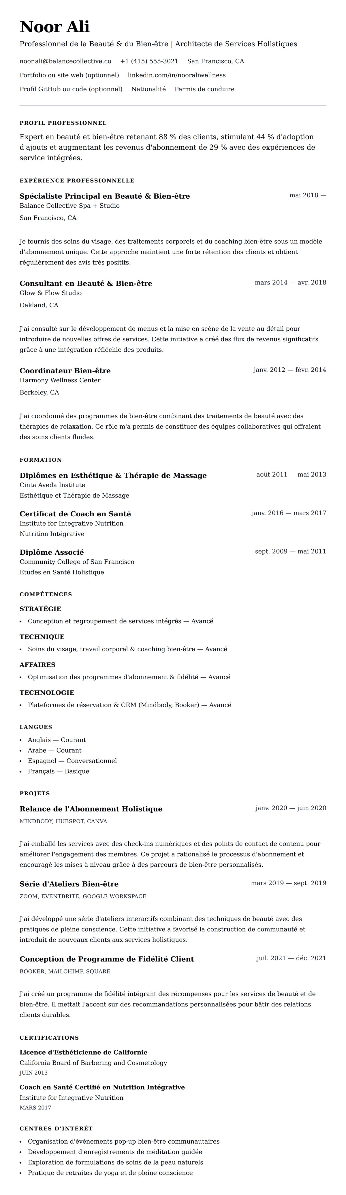 Aperçu du CV Exemple de CV pour Professionnel de la Beauté et du Bien-être