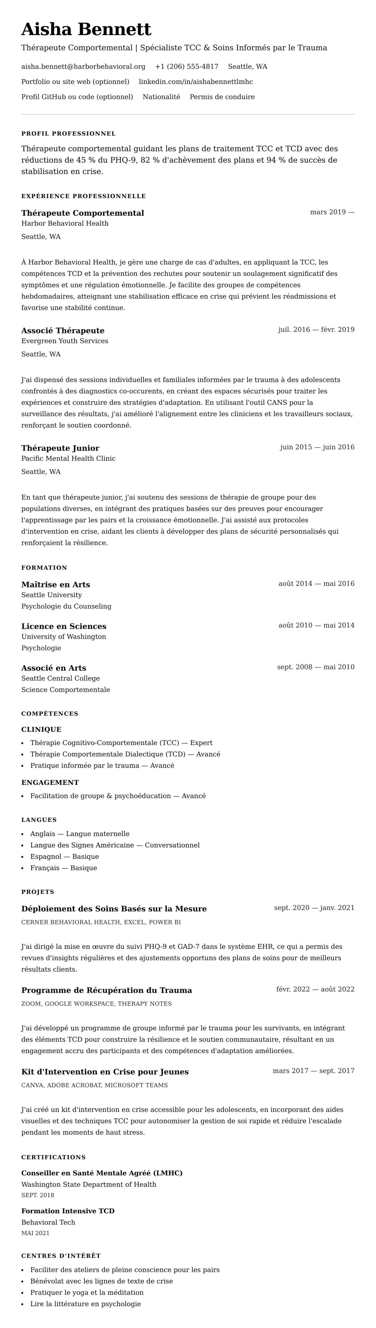 Aperçu du CV Exemple de CV de Thérapeute Comportemental