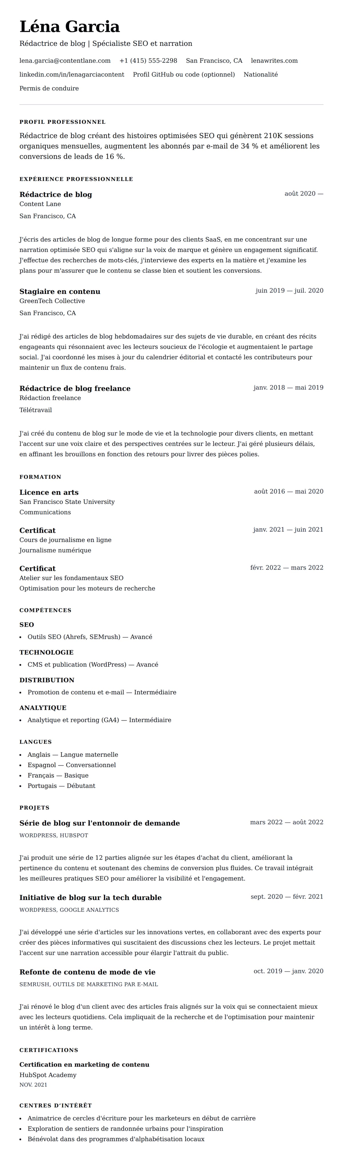 Aperçu du CV Exemple de CV de Rédacteur de blog