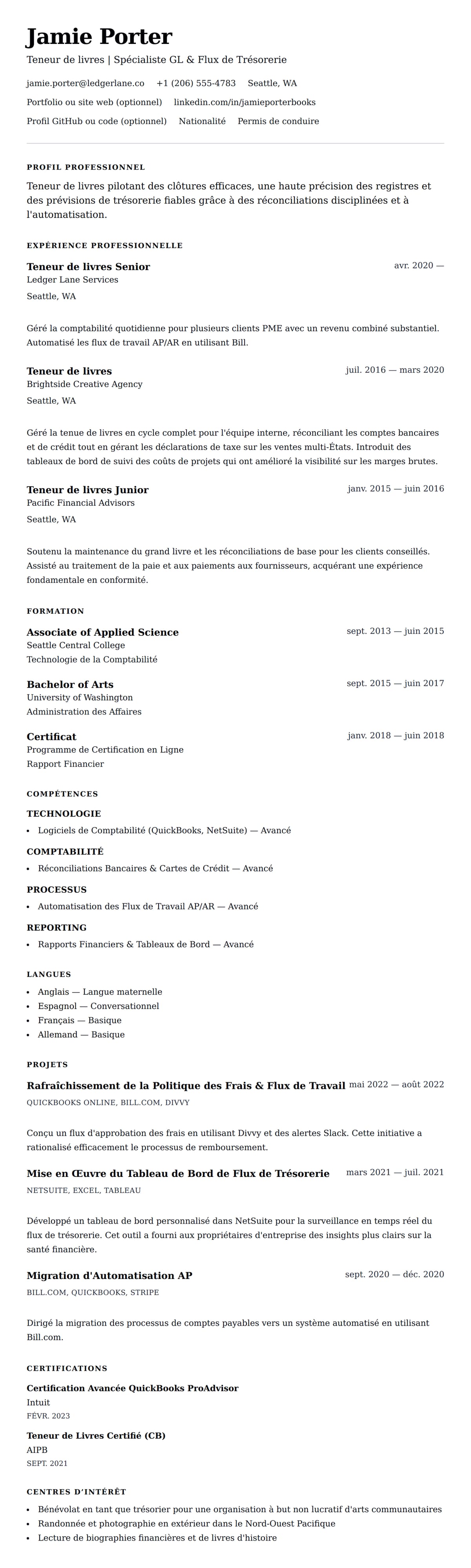 Aperçu du CV Exemple de CV de Teneur de livres