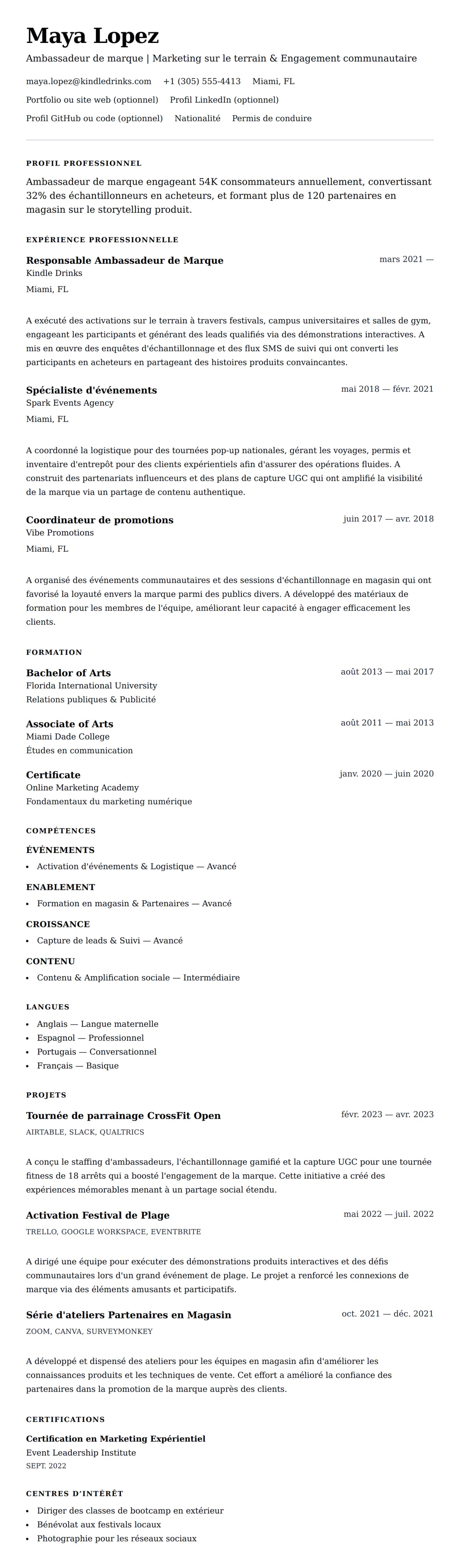 Aperçu du CV Exemple de CV d'Ambassadeur de Marque