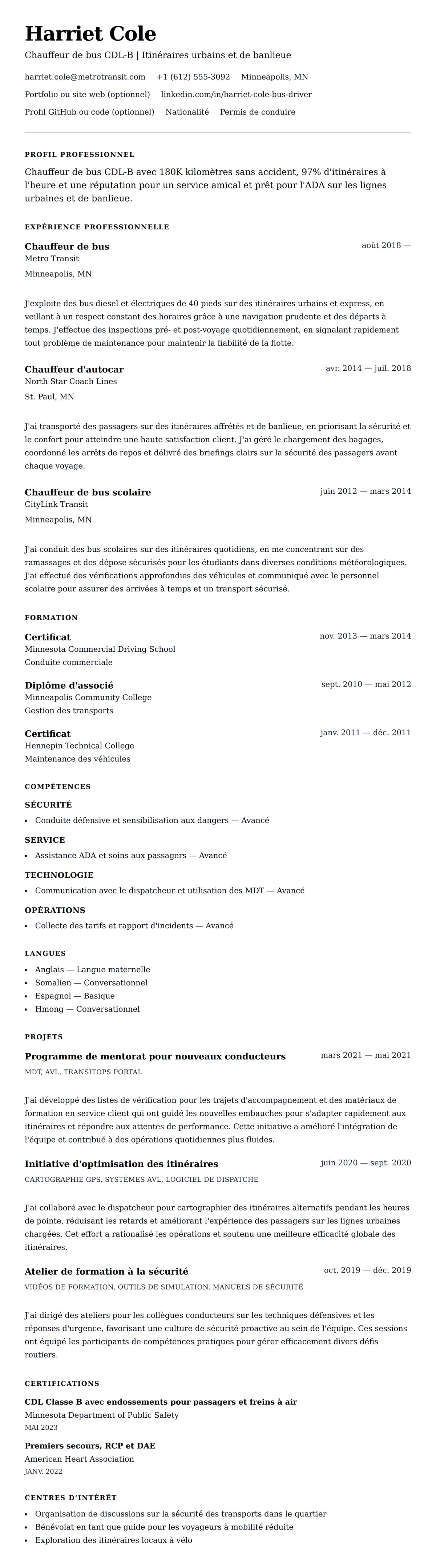Aperçu du CV Exemple de CV de chauffeur de bus