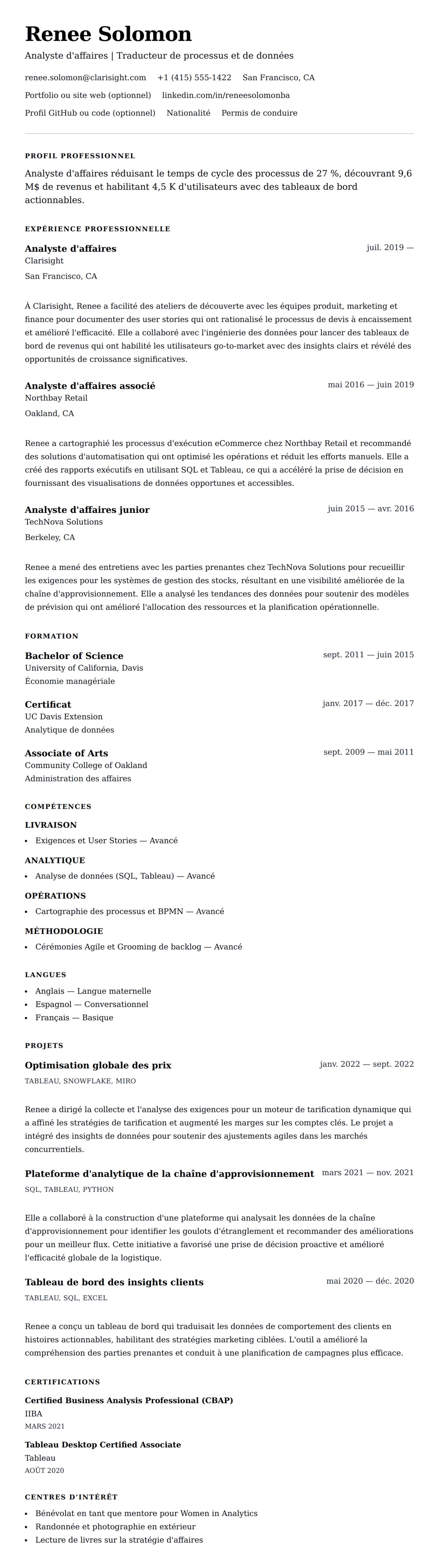 Aperçu du CV Exemple de CV d'Analyste d'affaires