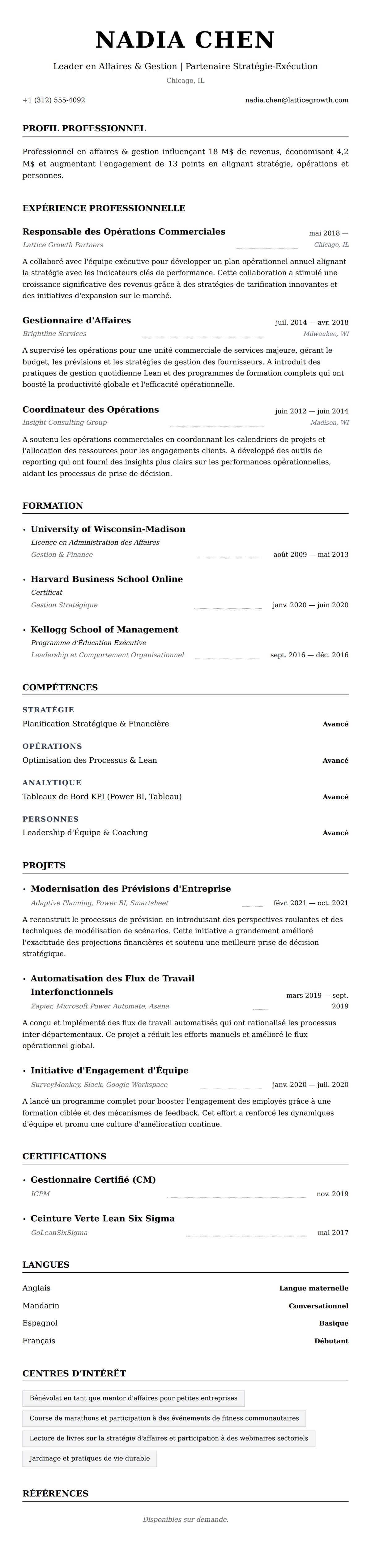 Aperçu du CV Exemple de CV pour Professionnel en Affaires & Gestion