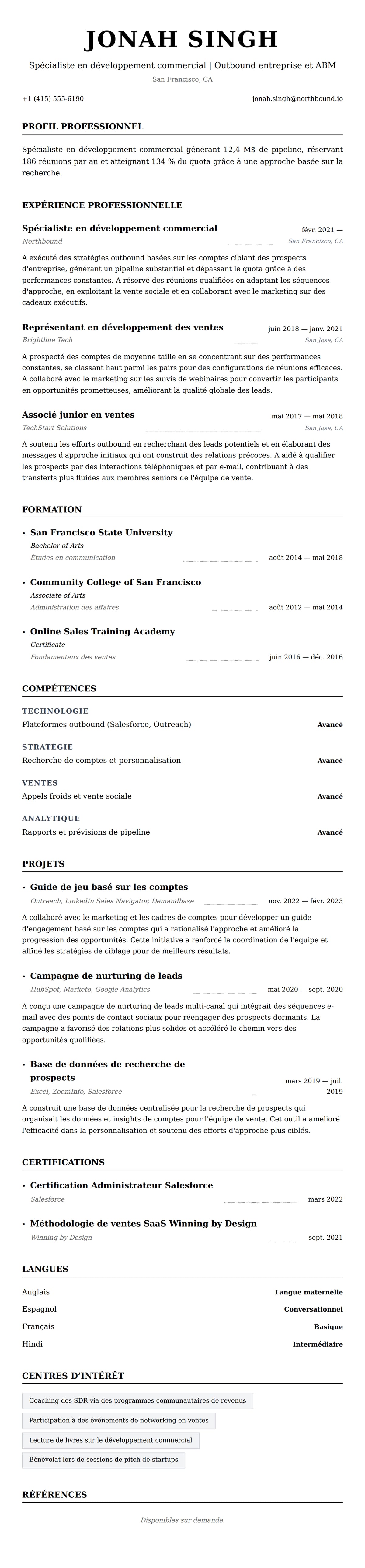 Aperçu du CV Exemple de CV de Spécialiste en développement commercial