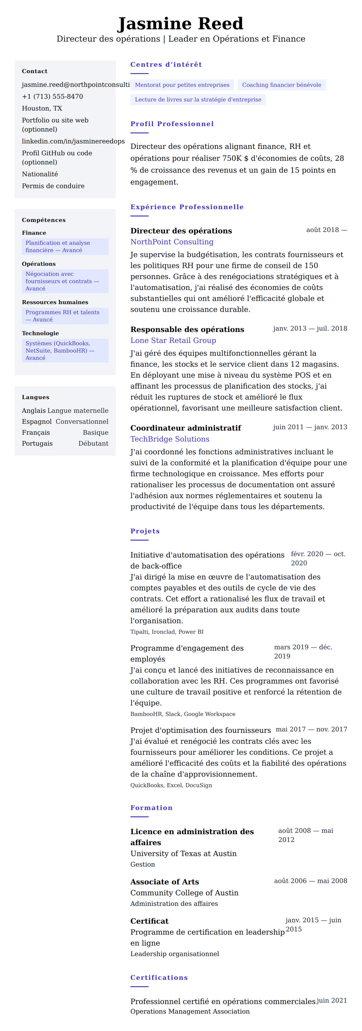 Aperçu du CV Exemple de CV de Directeur des opérations
