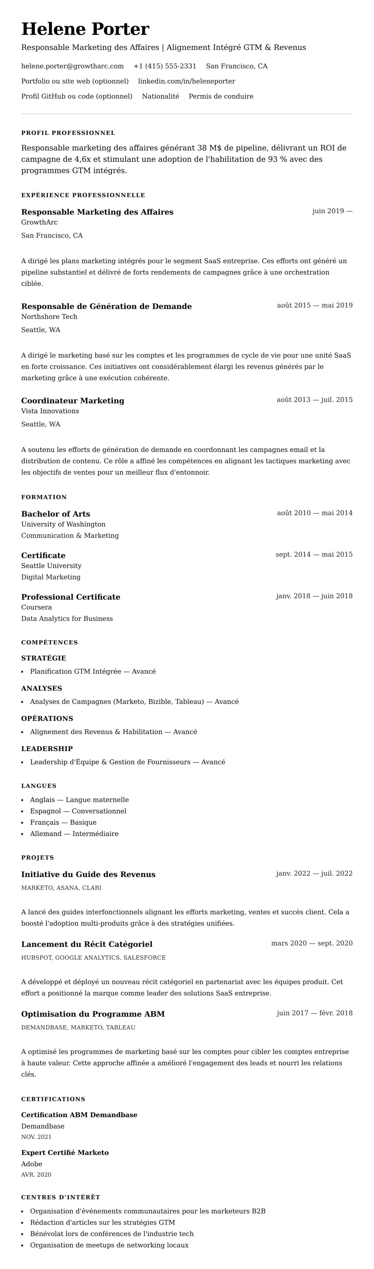 Aperçu du CV Exemple de CV pour Responsable Marketing des Affaires