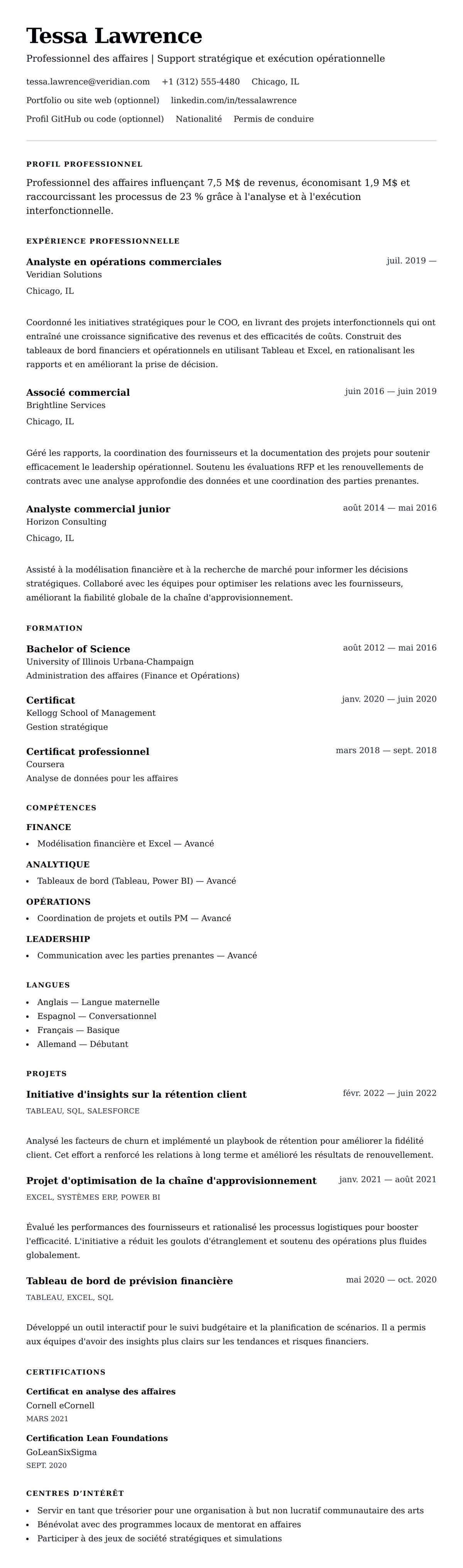 Aperçu du CV Exemple de CV pour Professionnel des affaires