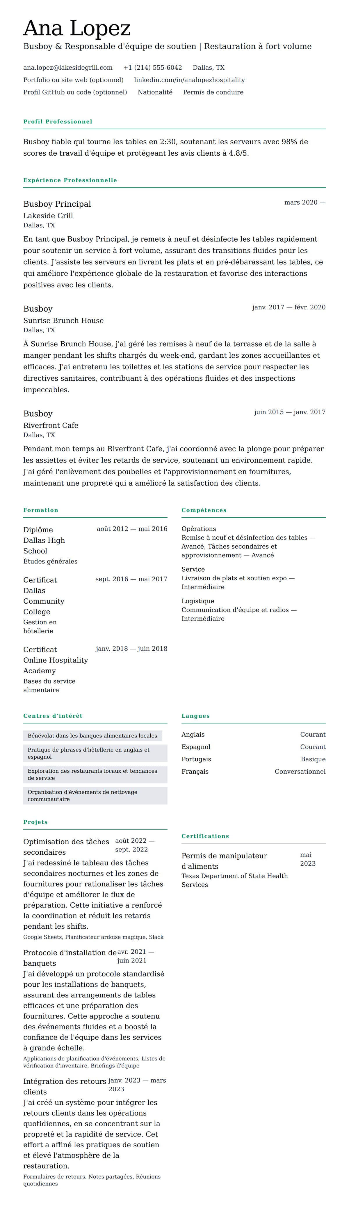 Aperçu du CV Exemple de CV de Busboy